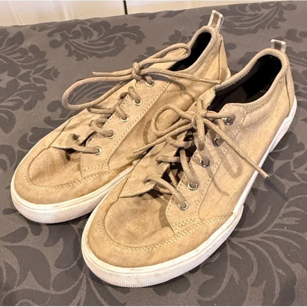 Sperry Deckfin Women's 6M Tan Khaki Canvas Lace Up Sneakers Casual Shoes